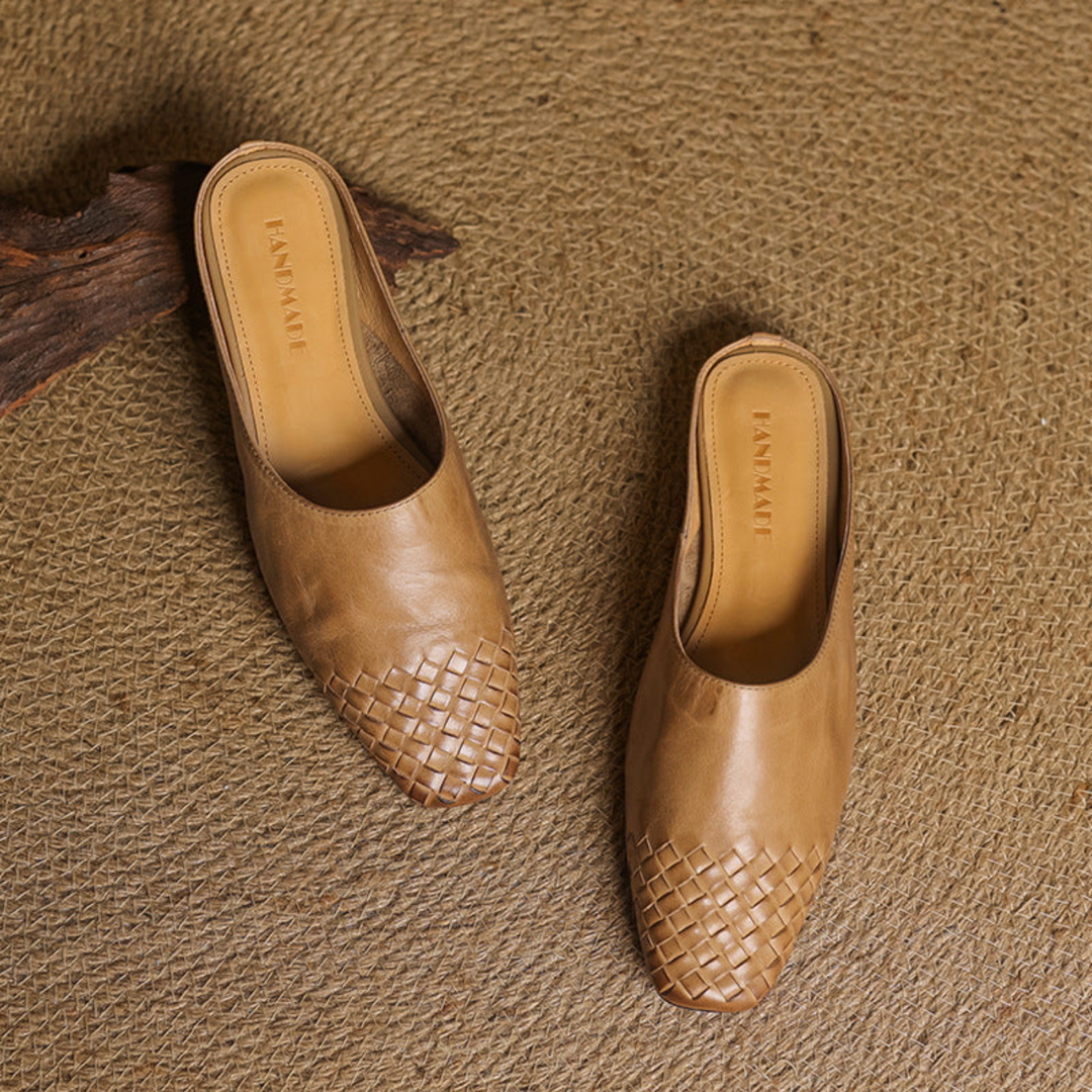 Alara | Women's Leather Woven Square Toe Flat Mules Carol & Margaret Wilmington