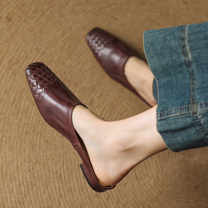 Alara | Women's Leather Woven Square Toe Flat Mules Carol & Margaret Wilmington