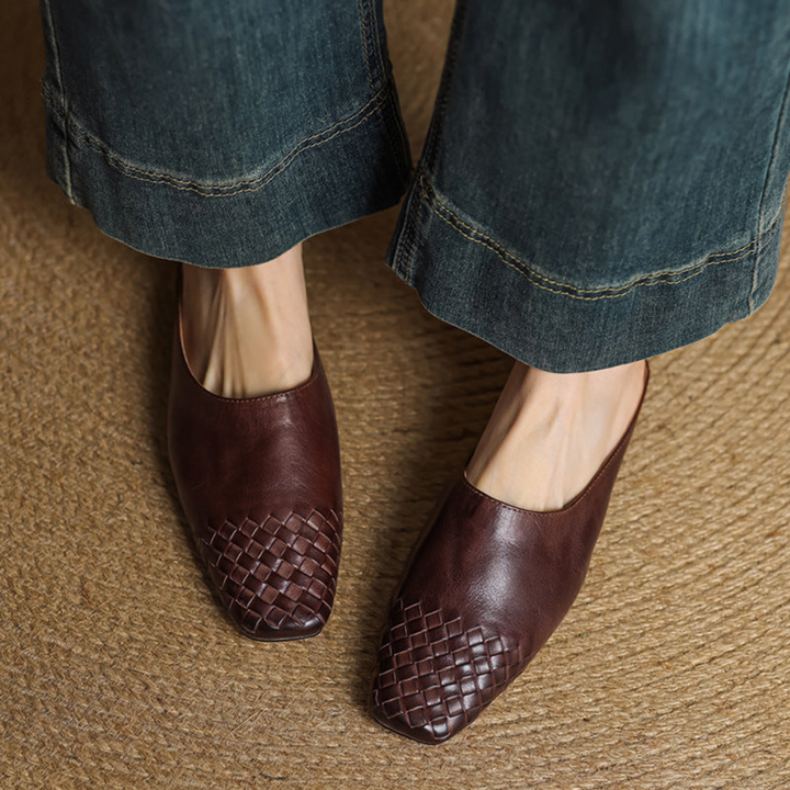Alara | Women's Leather Woven Square Toe Flat Mules Carol & Margaret Wilmington