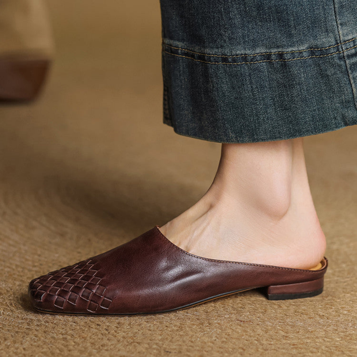 Alara | Women's Leather Woven Square Toe Flat Mules Carol & Margaret Wilmington