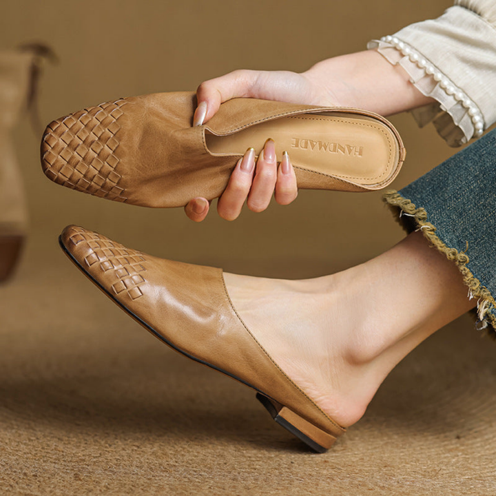 Alara | Women's Leather Woven Square Toe Flat Mules Carol & Margaret Wilmington