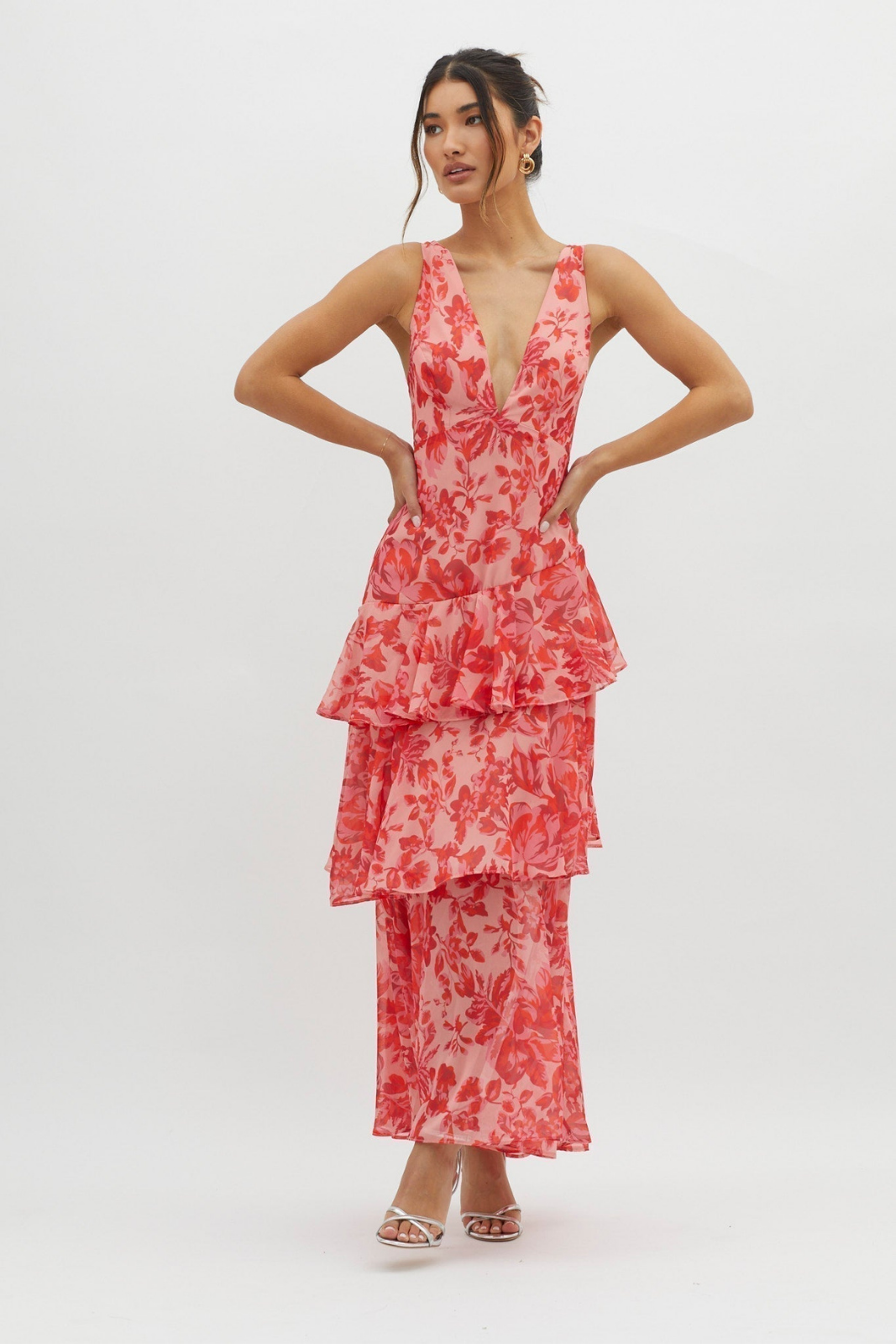 Amelie | Women's Chiffon Floral Tiered Ruffle Deep V-Neck Maxi Dress Carol & Margaret Wilmington