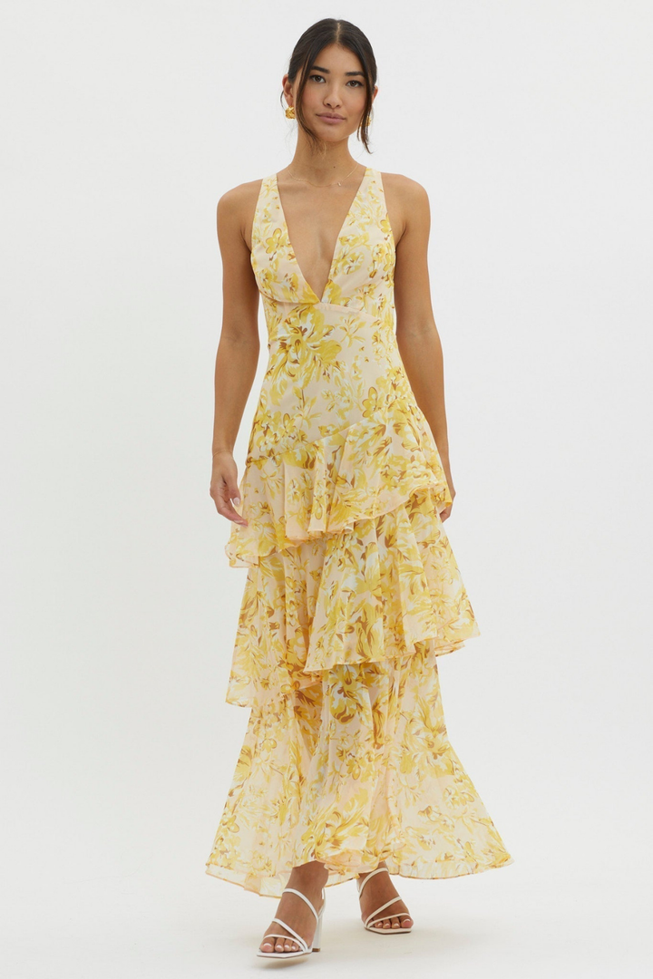 Amelie | Women's Chiffon Floral Tiered Ruffle Deep V-Neck Maxi Dress Carol & Margaret Wilmington