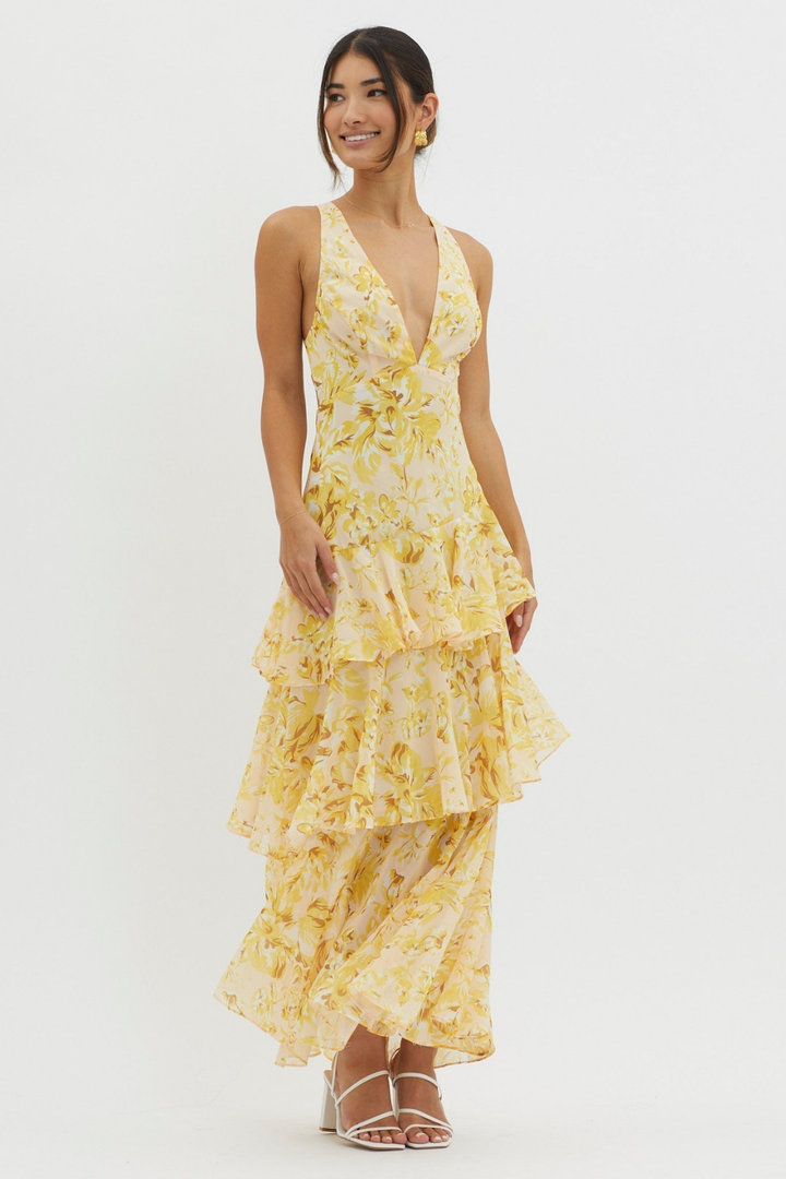 Amelie | Women's Chiffon Floral Tiered Ruffle Deep V-Neck Maxi Dress Carol & Margaret Wilmington
