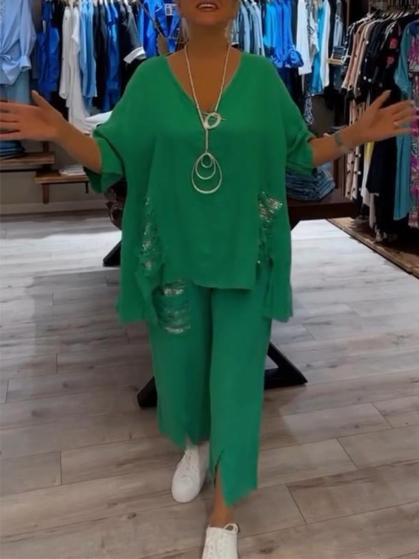 Anya | Women's Linen V-Neck Sequin-Trim Asymmetric Top & Cropped Pants Set Carol & Margaret Wilmington