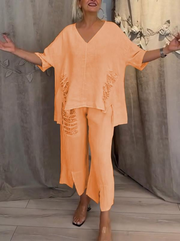 Anya | Women's Linen V-Neck Sequin-Trim Asymmetric Top & Cropped Pants Set Carol & Margaret Wilmington