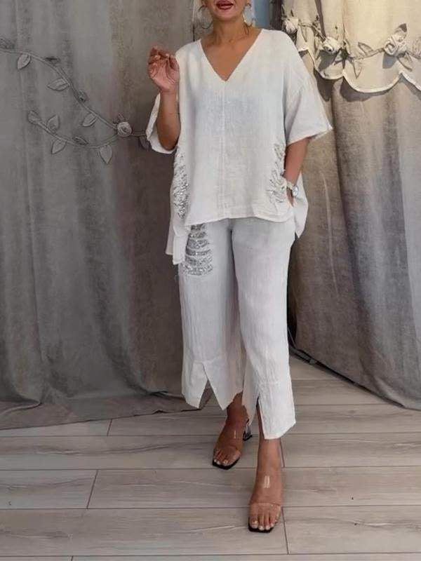 Anya | Women's Linen V-Neck Sequin-Trim Asymmetric Top & Cropped Pants Set Carol & Margaret Wilmington