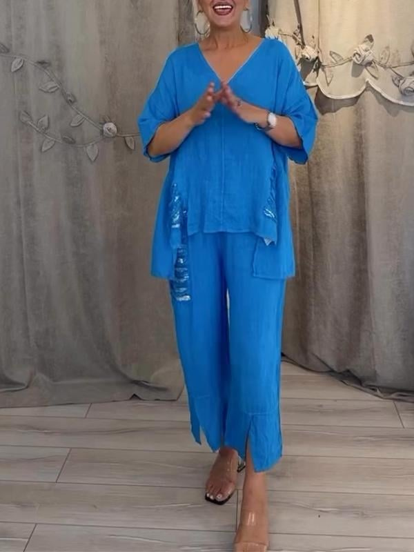 Anya | Women's Linen V-Neck Sequin-Trim Asymmetric Top & Cropped Pants Set Carol & Margaret Wilmington