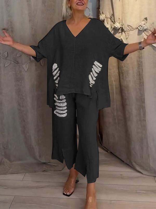 Anya | Women's Linen V-Neck Sequin-Trim Asymmetric Top & Cropped Pants Set Carol & Margaret Wilmington