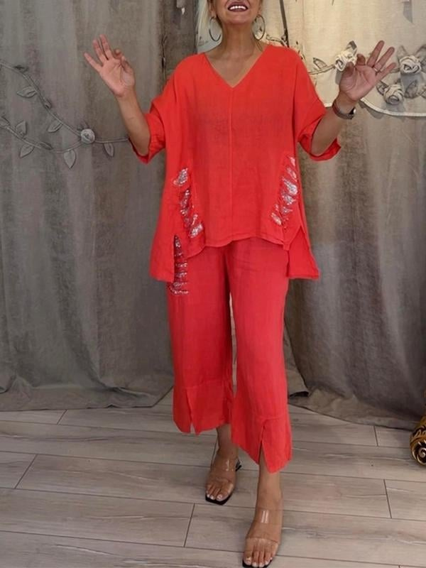 Anya | Women's Linen V-Neck Sequin-Trim Asymmetric Top & Cropped Pants Set Carol & Margaret Wilmington