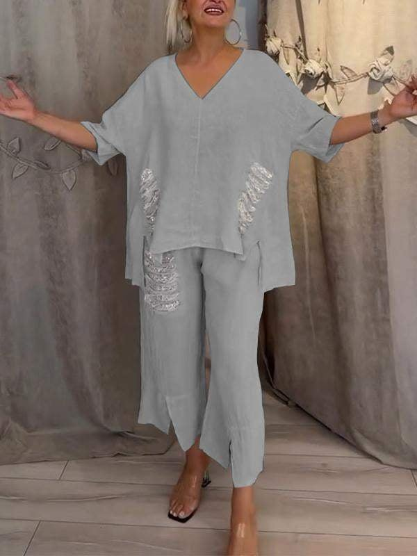 Anya | Women's Linen V-Neck Sequin-Trim Asymmetric Top & Cropped Pants Set Carol & Margaret Wilmington