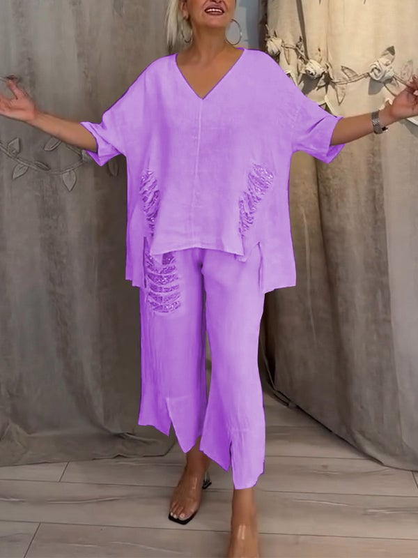 Anya | Women's Linen V-Neck Sequin-Trim Asymmetric Top & Cropped Pants Set Carol & Margaret Wilmington