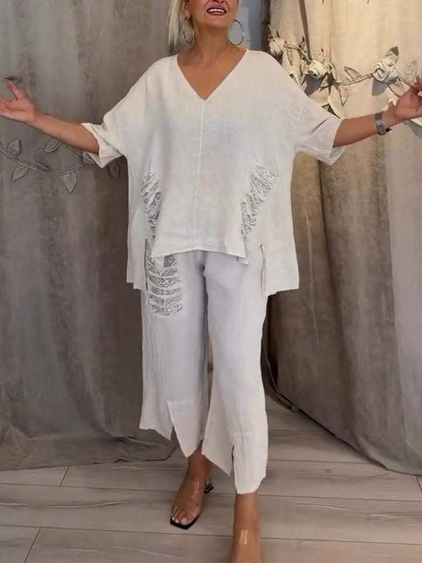 Anya | Women's Linen V-Neck Sequin-Trim Asymmetric Top & Cropped Pants Set Carol & Margaret Wilmington