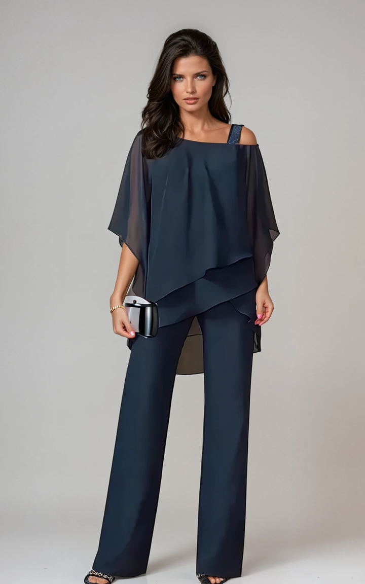 Aria | Women's Chiffon Cold-Shoulder Asymmetric Top & Straight-Leg Pants Set Carol & Margaret Wilmington