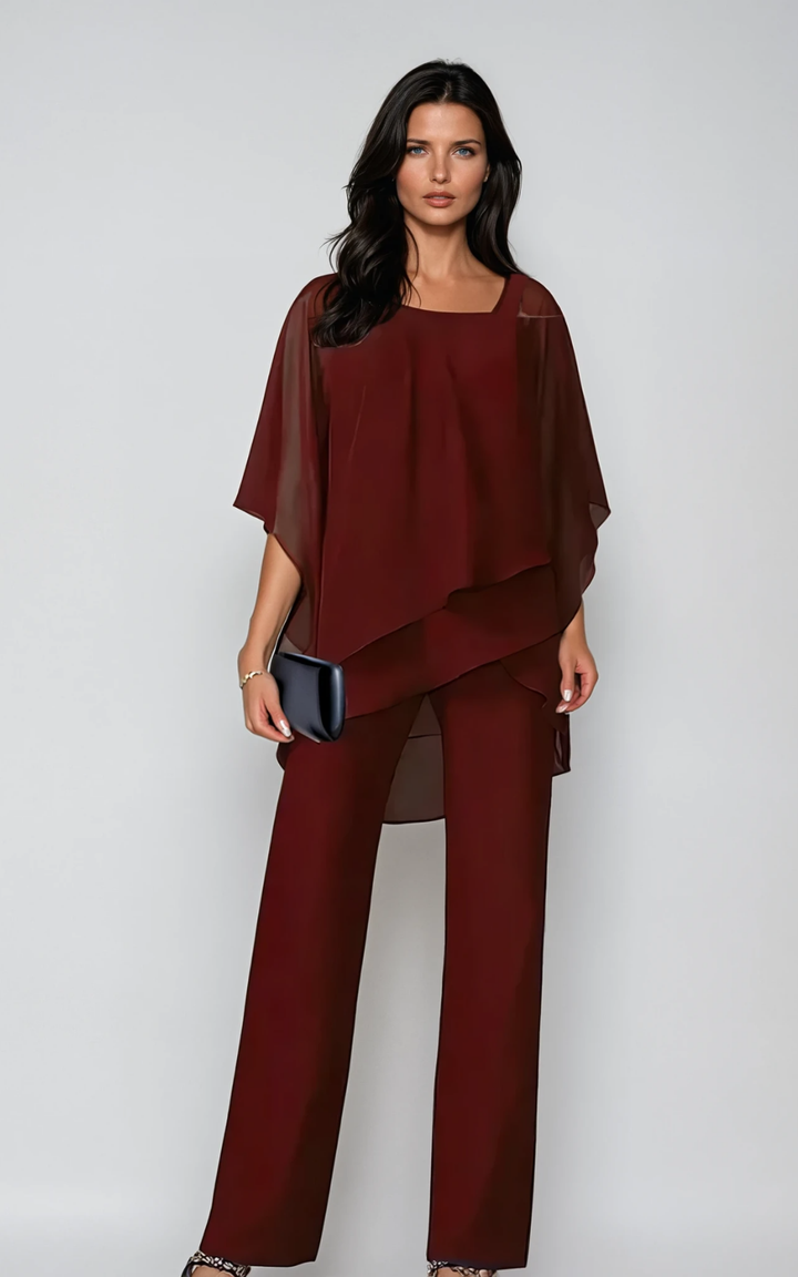 Aria | Women's Chiffon Cold-Shoulder Asymmetric Top & Straight-Leg Pants Set Carol & Margaret Wilmington