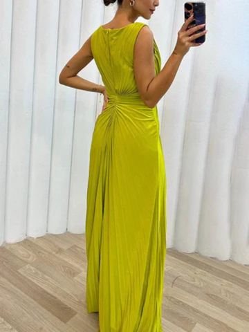 Aurelia | Women's Satin Pleated Jewel-Brooch Sleeveless Side-Slit Maxi Dress Carol & Margaret Wilmington