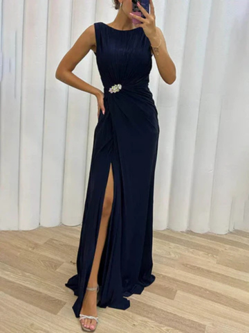 Aurelia | Women's Satin Pleated Jewel-Brooch Sleeveless Side-Slit Maxi Dress Carol & Margaret Wilmington