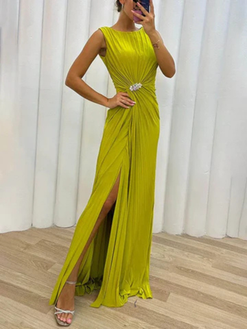 Aurelia | Women's Satin Pleated Jewel-Brooch Sleeveless Side-Slit Maxi Dress Carol & Margaret Wilmington