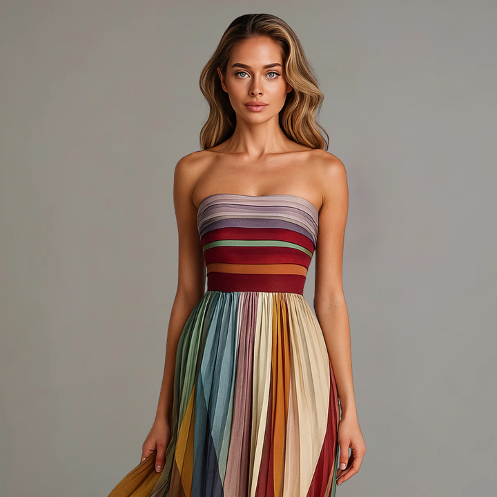 Aurora | Women's Multicolor Chiffon Strapless Colorblock Pleated Maxi Dress