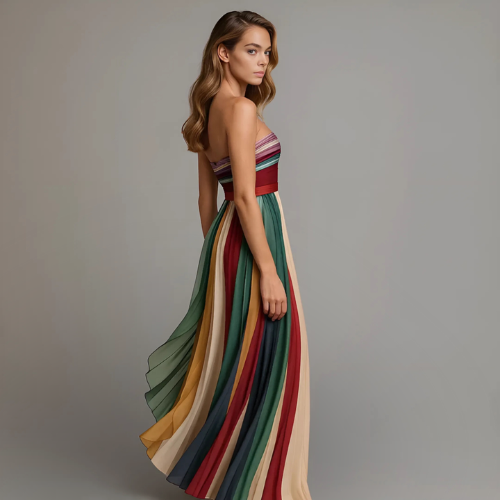 Aurora | Women's Multicolor Chiffon Strapless Colorblock Pleated Maxi Dress
