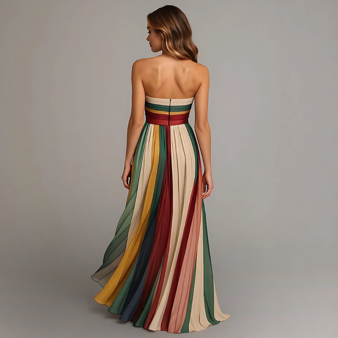 Aurora | Women's Multicolor Chiffon Strapless Colorblock Pleated Maxi Dress