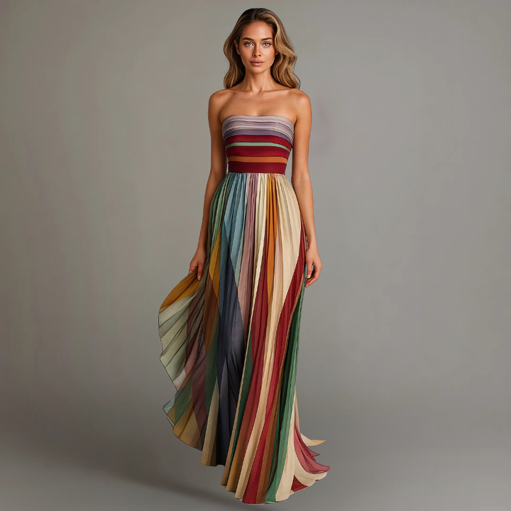 Aurora | Women's Multicolor Chiffon Strapless Colorblock Pleated Maxi Dress