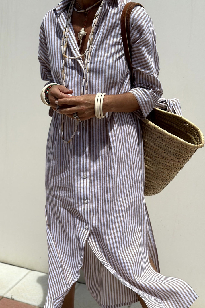 Beau | Women's Linen Striped Collared Button-Down Midi Dress