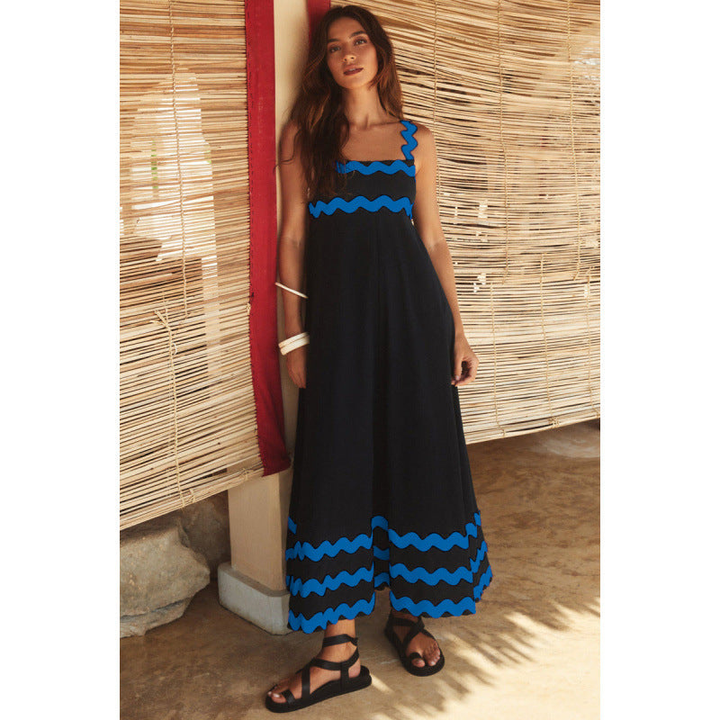 Bettina | Women's Cotton Ric Rac Trim Square Neck Maxi Dress