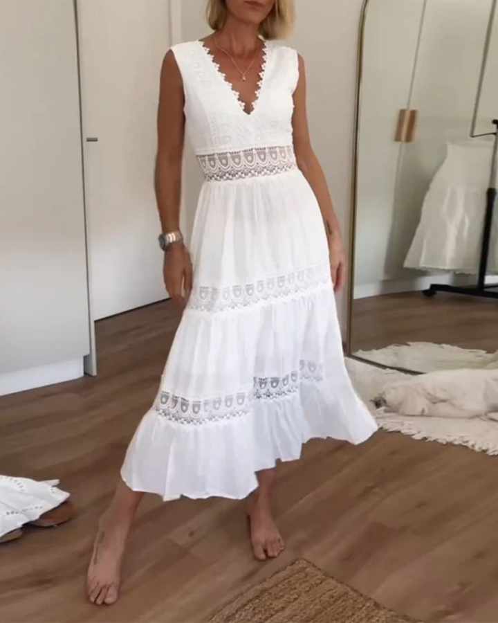 Blanche | Women's Cotton Lace Panel Tiered V-Neck Maxi Dress Carol & Margaret Wilmington