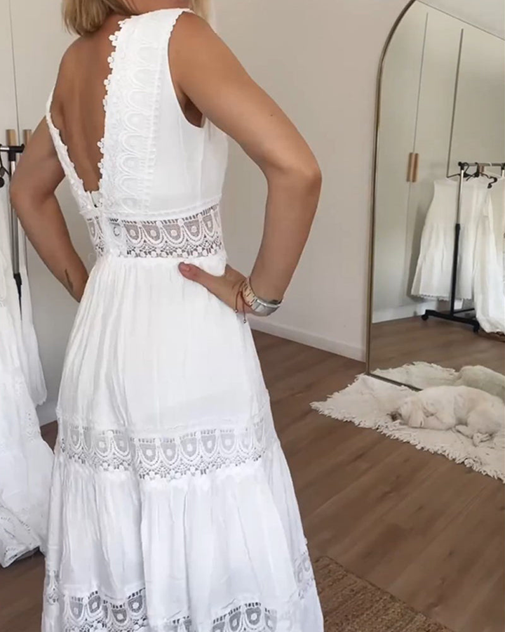 Blanche | Women's Cotton Lace Panel Tiered V-Neck Maxi Dress Carol & Margaret Wilmington