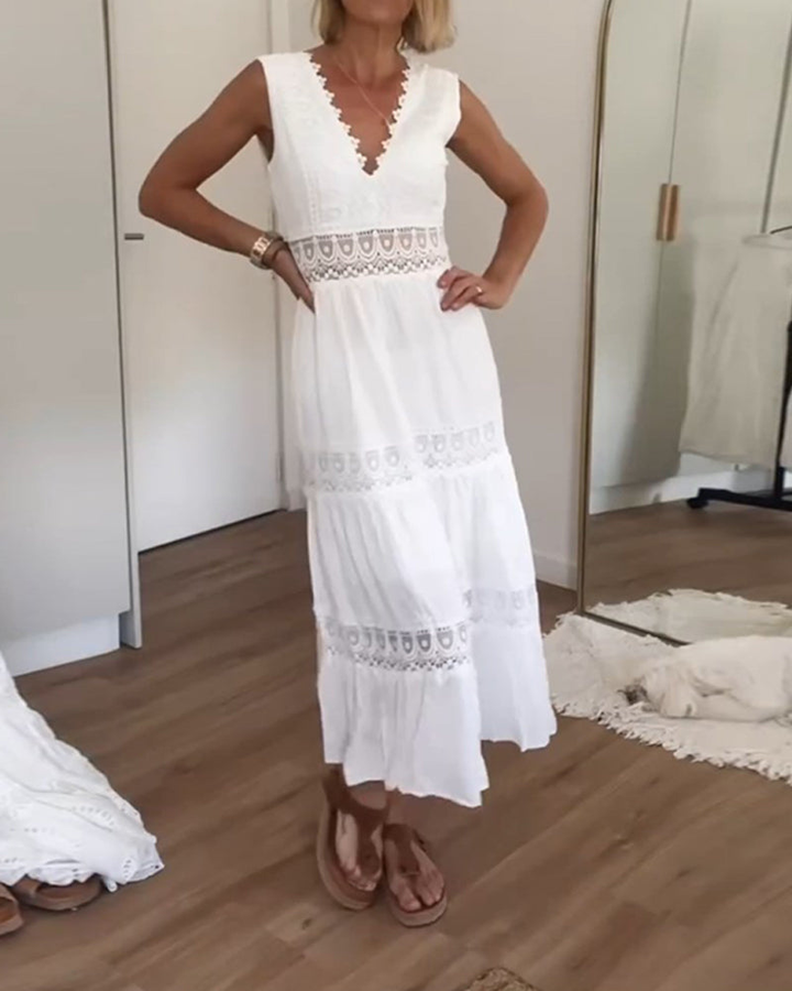 Blanche | Women's Cotton Lace Panel Tiered V-Neck Maxi Dress Carol & Margaret Wilmington