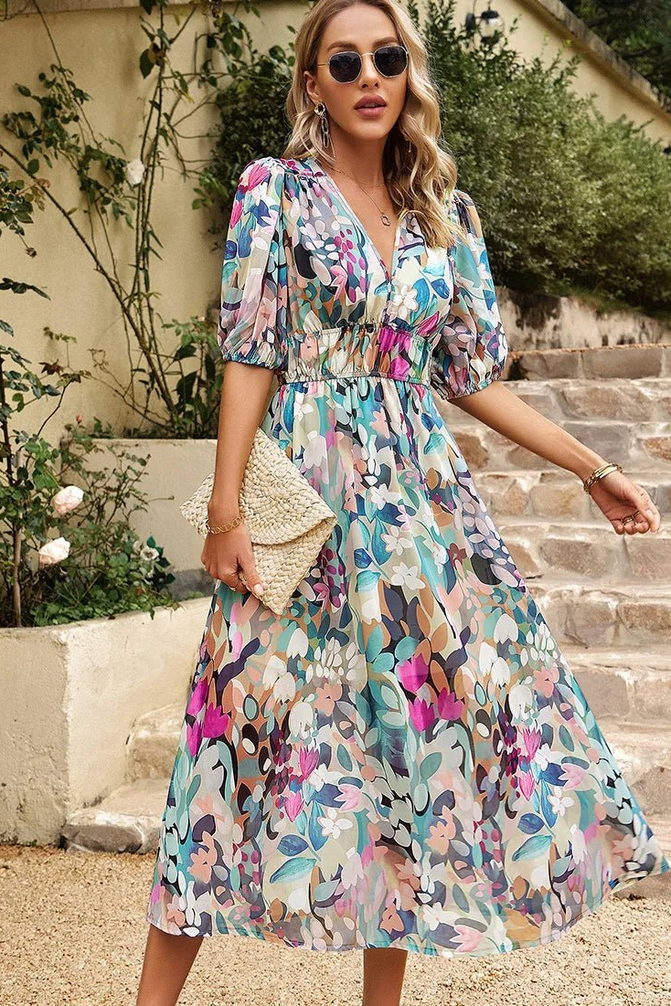 Blossom | Women's Chiffon Floral Puff Sleeve Midi Dress