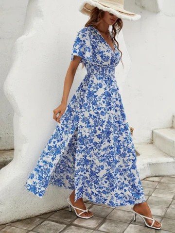 Blythe | Women's Blue Cotton Floral V-Neck Flutter Sleeve Smocked Waist Maxi Dress Carol & Margaret Wilmington