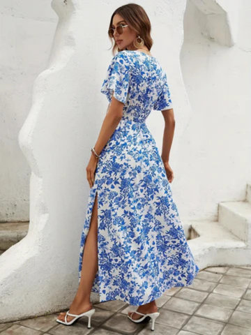 Blythe | Women's Blue Cotton Floral V-Neck Flutter Sleeve Smocked Waist Maxi Dress Carol & Margaret Wilmington
