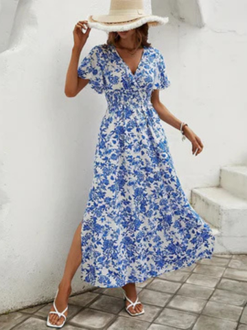Blythe | Women's Blue Cotton Floral V-Neck Flutter Sleeve Smocked Waist Maxi Dress Carol & Margaret Wilmington