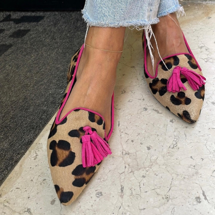 Blythe | Women's Khaki Suede Leopard Print Tassel Pointed-Toe Flats Carol & Margaret Wilmington