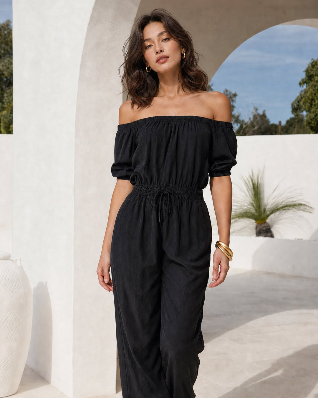 Black off-shoulder sleeveless jumpsuit for women