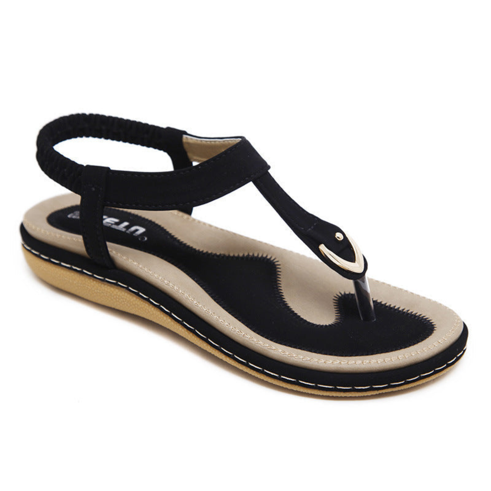 Brea | Women's Suede T-Strap Metal Detail Elastic Slingback Flat Sandals Carol & Margaret Wilmington