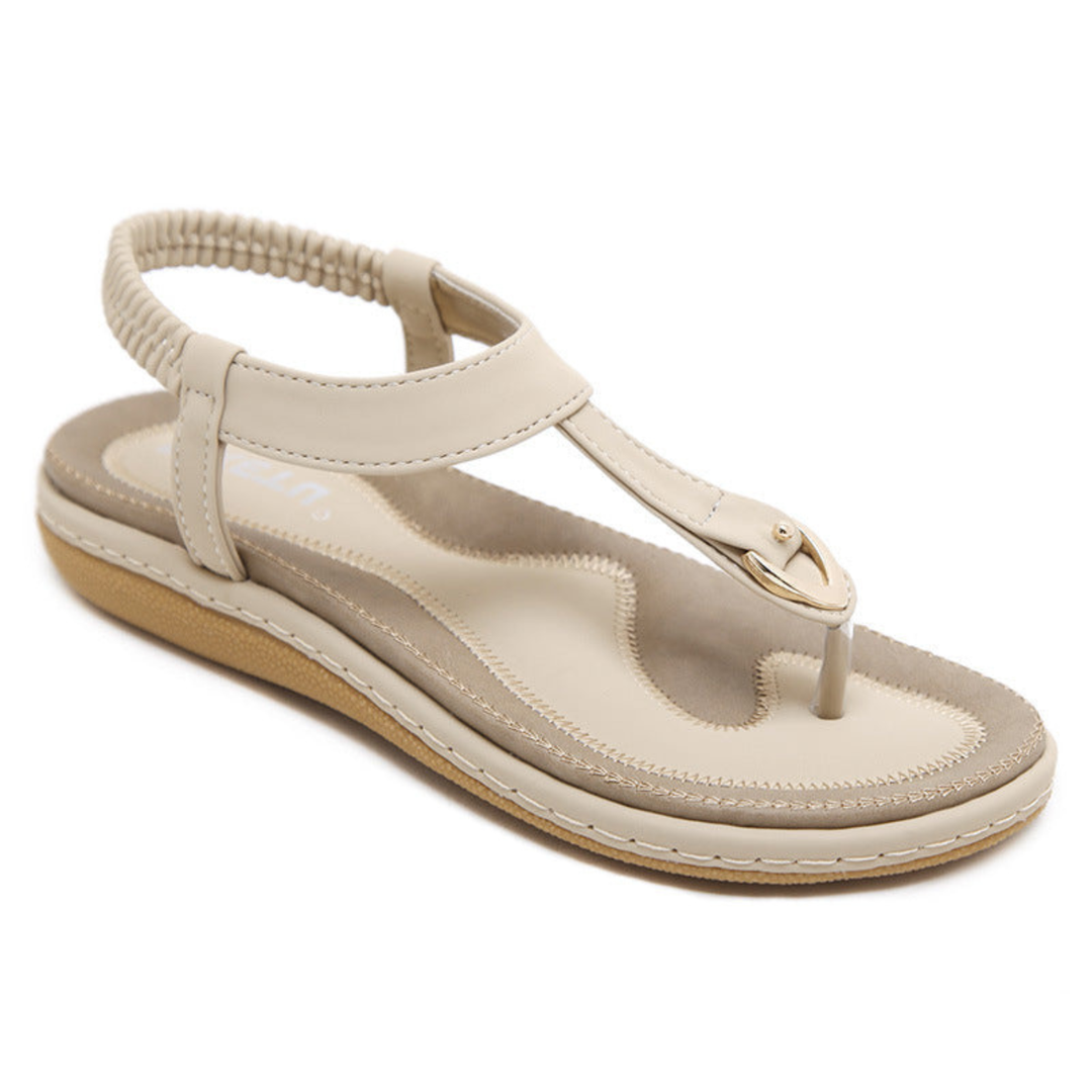 Brea | Women's Suede T-Strap Metal Detail Elastic Slingback Flat Sandals Carol & Margaret Wilmington