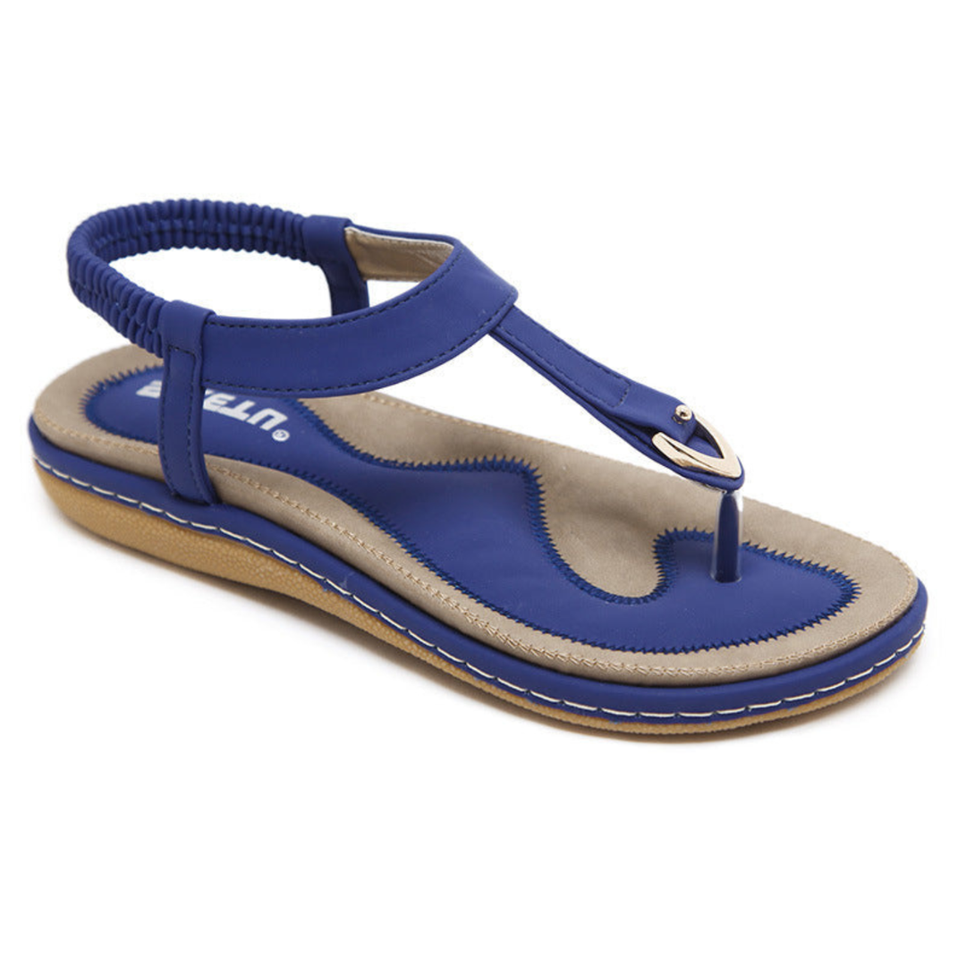 Brea | Women's Suede T-Strap Metal Detail Elastic Slingback Flat Sandals Carol & Margaret Wilmington