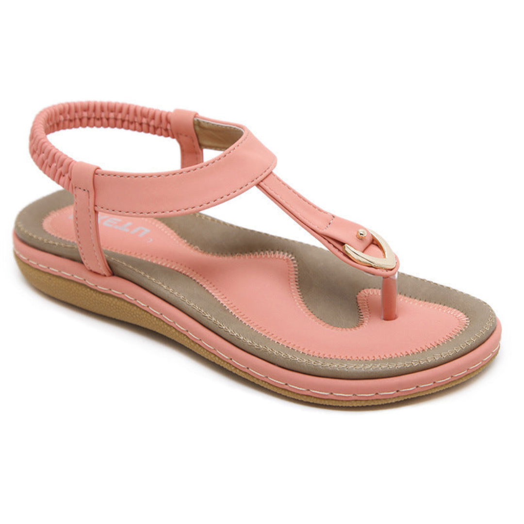 Brea | Women's Suede T-Strap Metal Detail Elastic Slingback Flat Sandals Carol & Margaret Wilmington