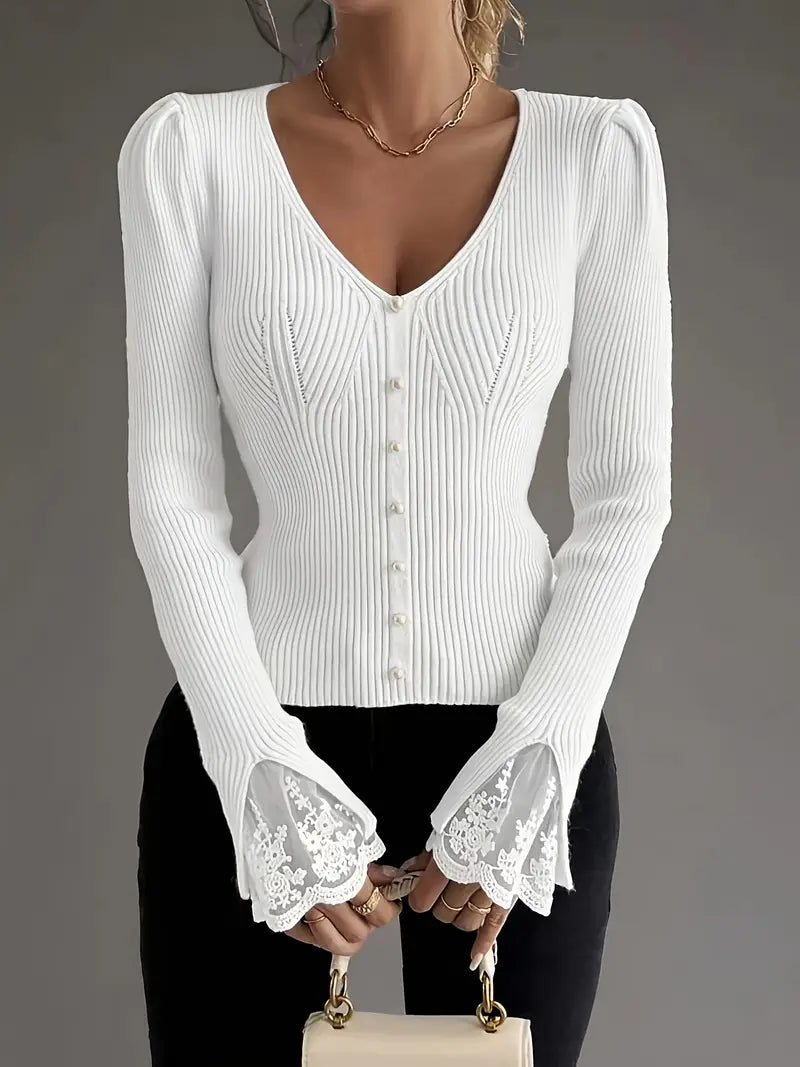Nia | Women's V-Neck Ribbed Knit Cardigan