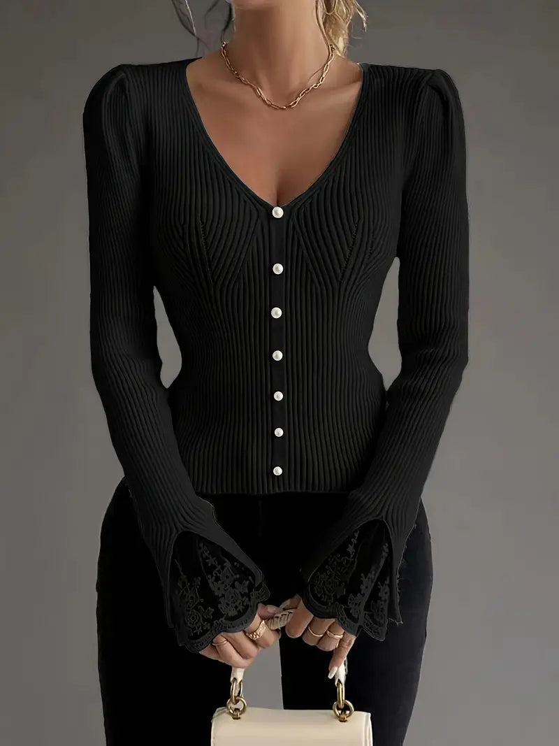 Nia | Women's V-Neck Ribbed Knit Cardigan
