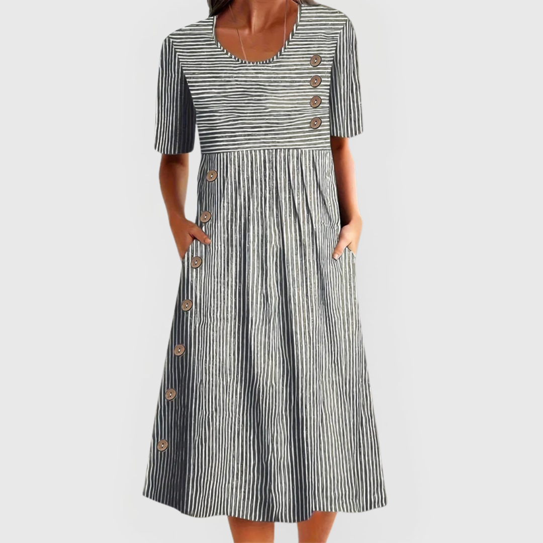 Britta | Women's Linen Striped Button-Trim Scoop Neck Midi Dress Carol & Margaret Wilmington
