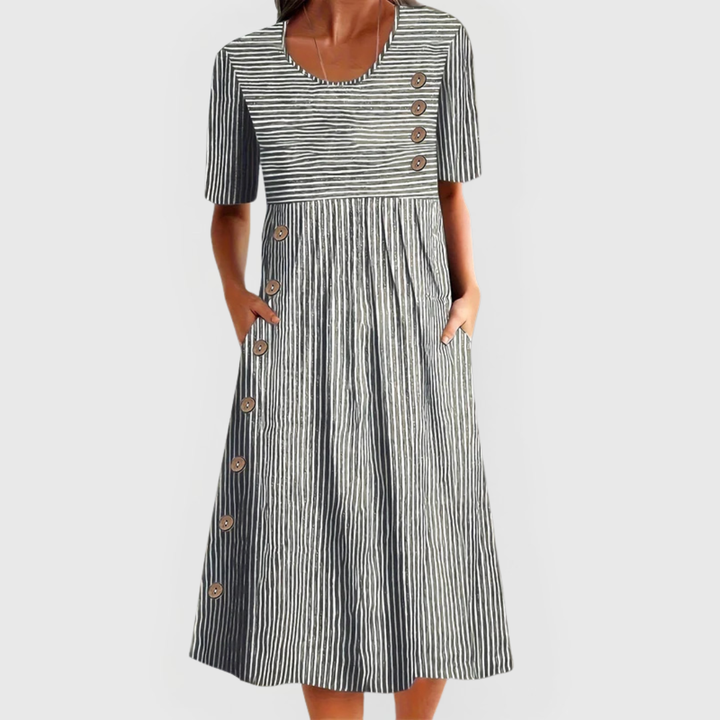 Britta | Women's Linen Striped Button-Trim Scoop Neck Midi Dress Carol & Margaret Wilmington