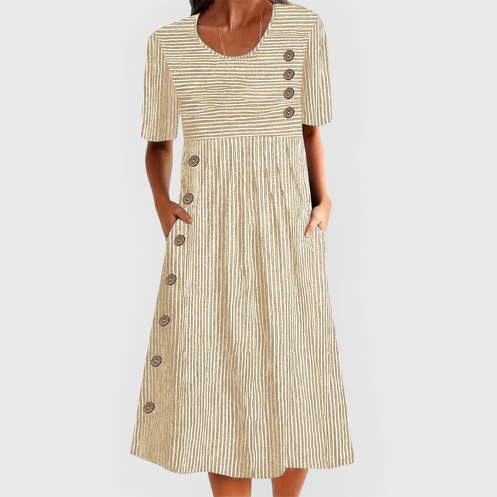 Britta | Women's Linen Striped Button-Trim Scoop Neck Midi Dress Carol & Margaret Wilmington