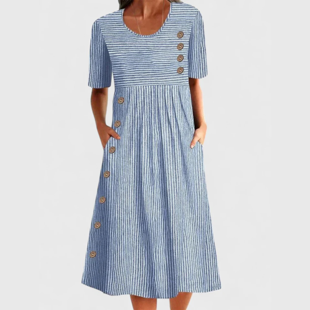 Britta | Women's Linen Striped Button-Trim Scoop Neck Midi Dress Carol & Margaret Wilmington