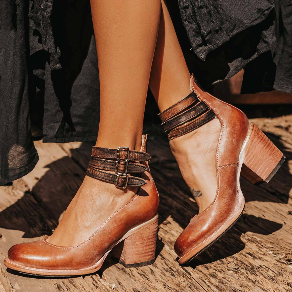Caden | Women's Leather Triple Buckle Ankle Strap Block Heel Carol & Margaret Wilmington