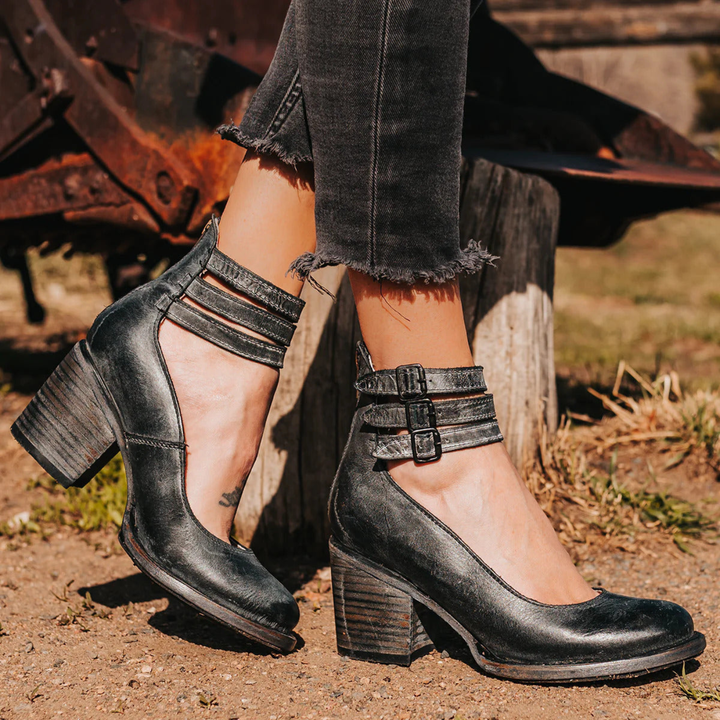 Caden | Women's Leather Triple Buckle Ankle Strap Block Heel Carol & Margaret Wilmington