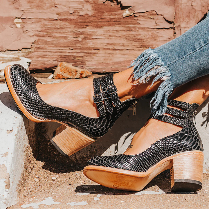 Caden | Women's Leather Triple Buckle Ankle Strap Block Heel Carol & Margaret Wilmington